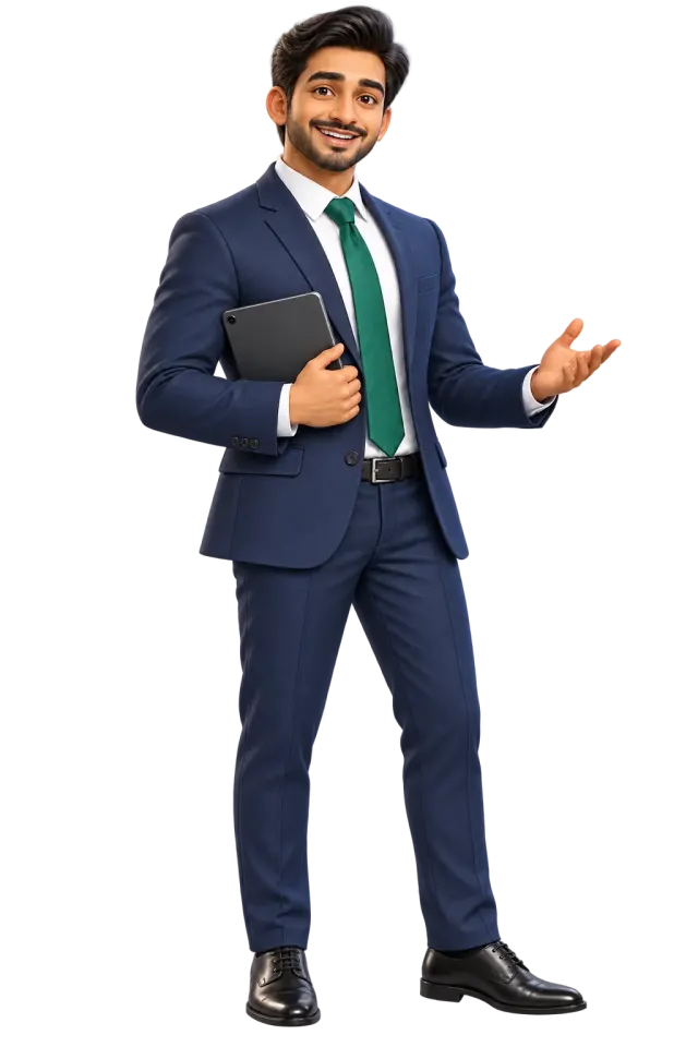 Full-length cartoon business owner in a navy suit holding a tablet